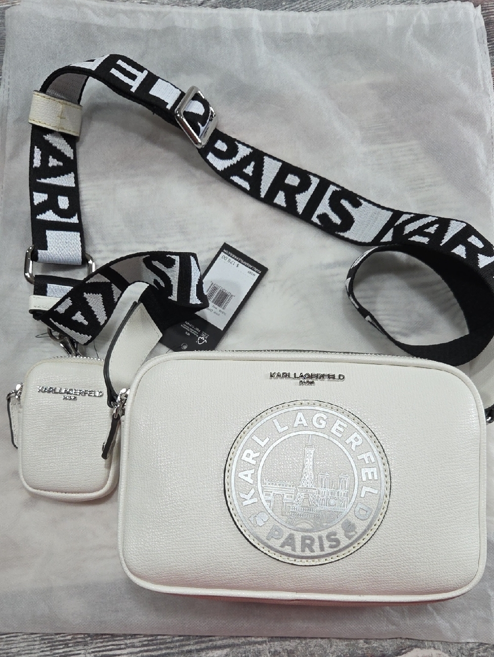 Karl Lagerfeld White Crossbody Camera Bag with Guitar Logo Strap